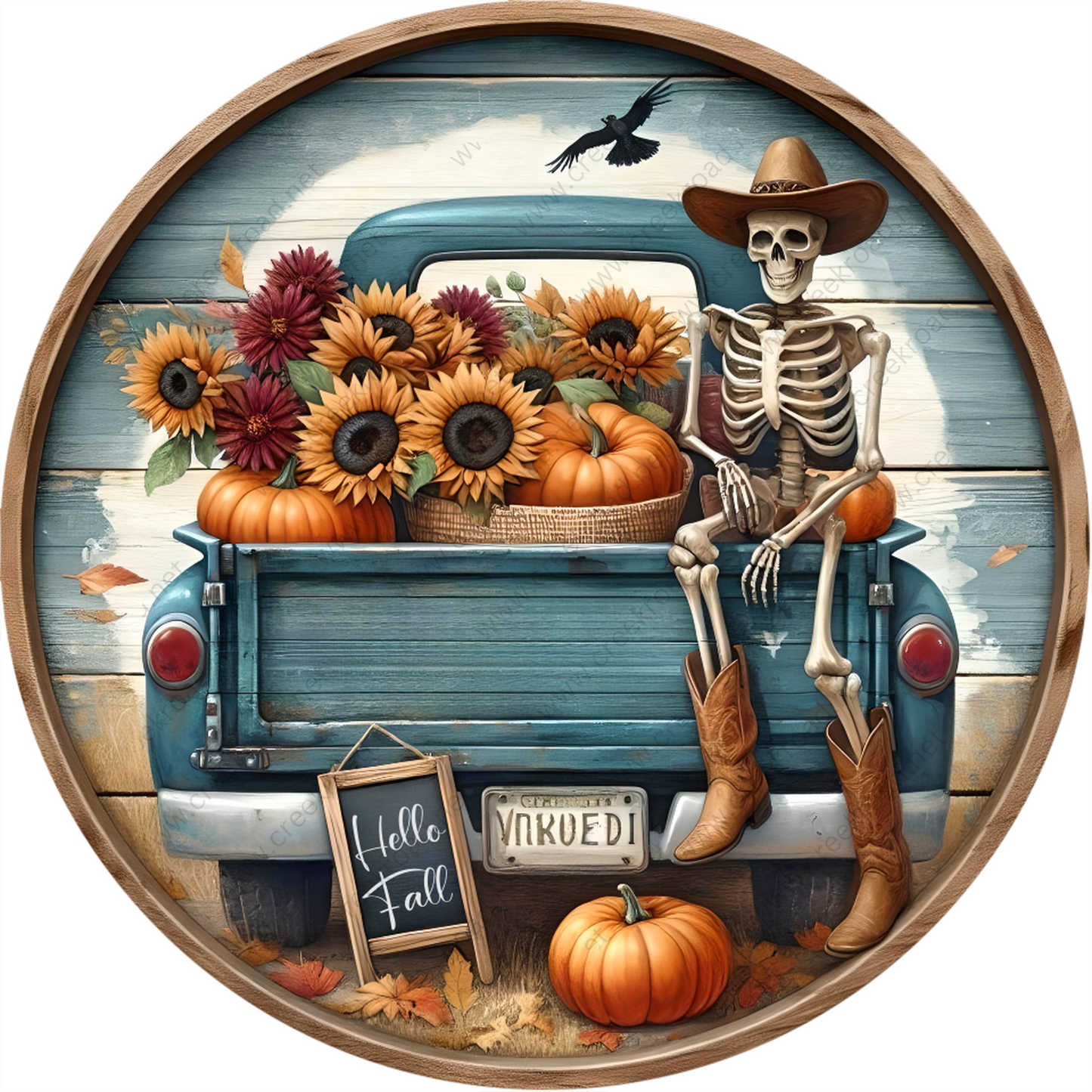 a painting of a skeleton sitting in the back of a truck with sunflowers