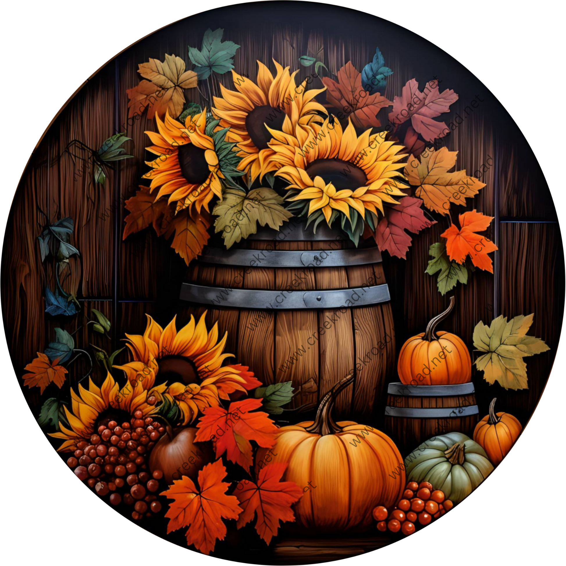 a painting of sunflowers and pumpkins in a barrel