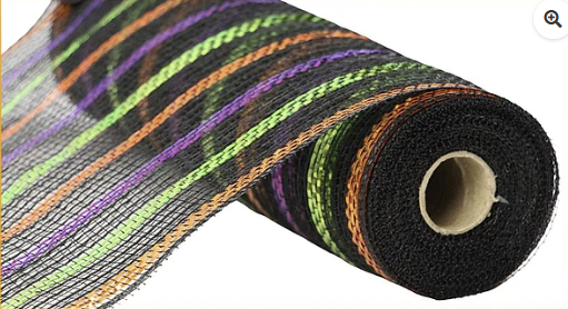 A roll of multicolored mesh material with a black and orange striped pattern.