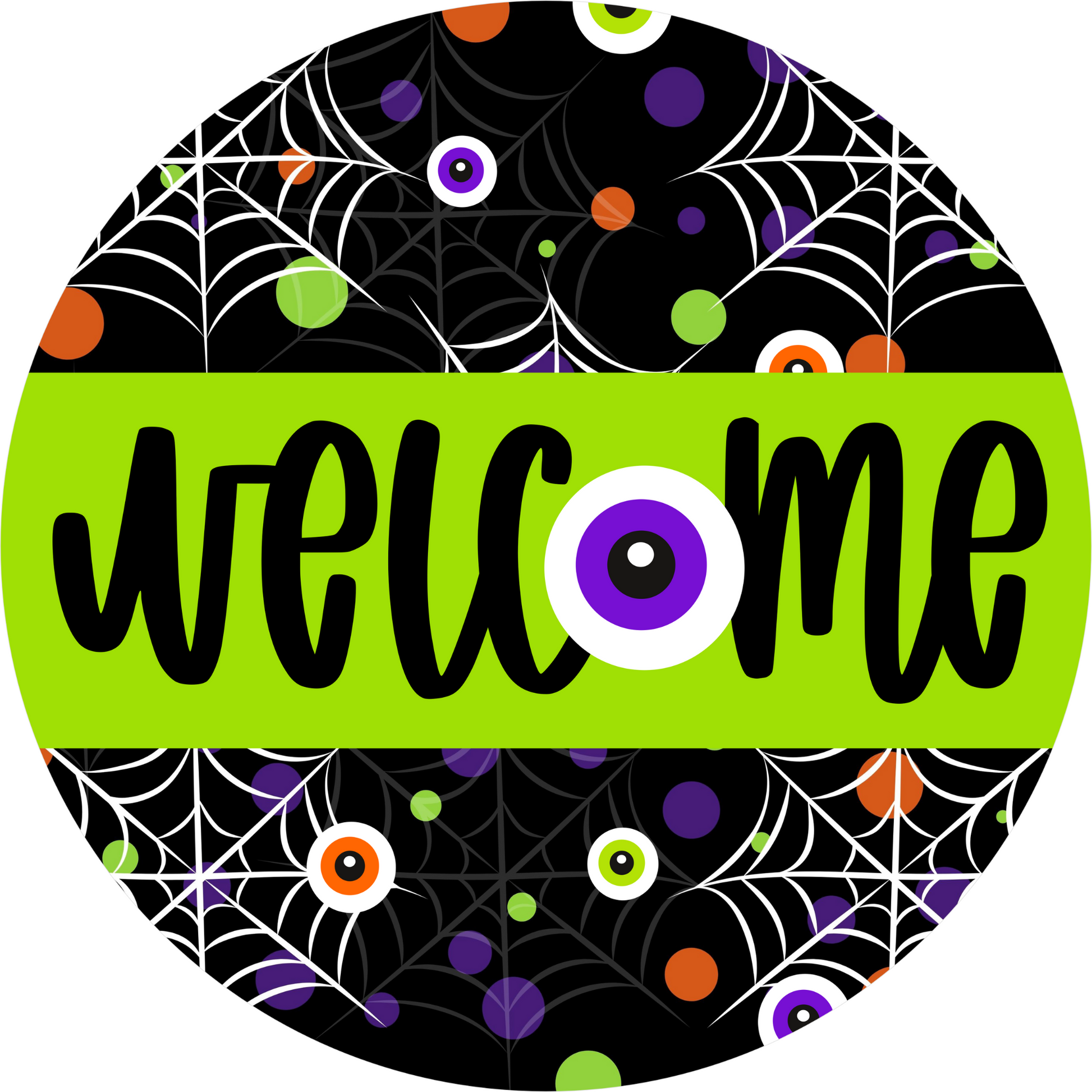 a black and green welcome sign with spider webs