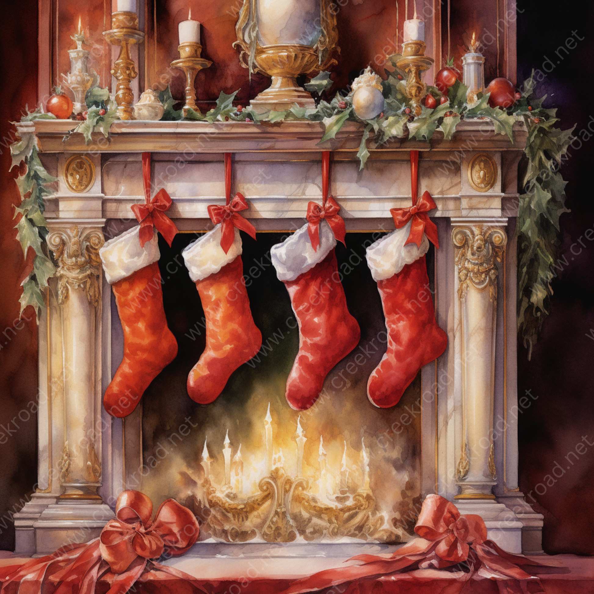 a cozy Christmas scene with a fireplace adorned with red stockings, gold ornaments, and greenery. The fireplace is surrounded by a red curtain, creating a warm and festive atmosphere.