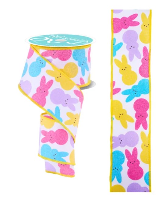 a roll of Easter bunny-themed ribbon with a colorful pattern of pastel-colored rabbits on a white background.