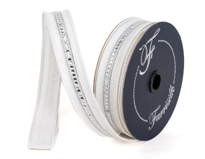 A spool of white ribbon with silver rhinestones, labeled "Ferrissile".