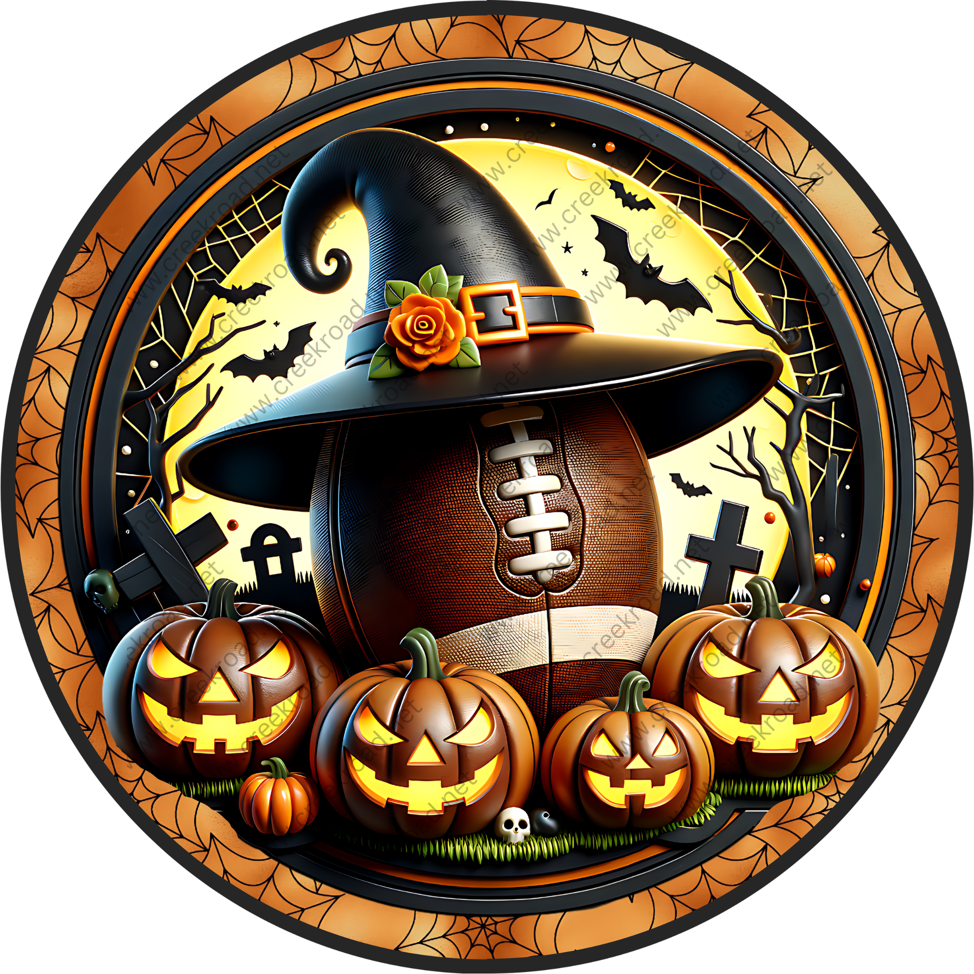 A Halloween-themed image featuring a witch's hat, a football, and four jack-o'-lanterns.