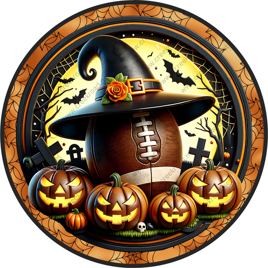 A Halloween-themed image featuring a witch's hat, a football, and four jack-o'-lanterns.