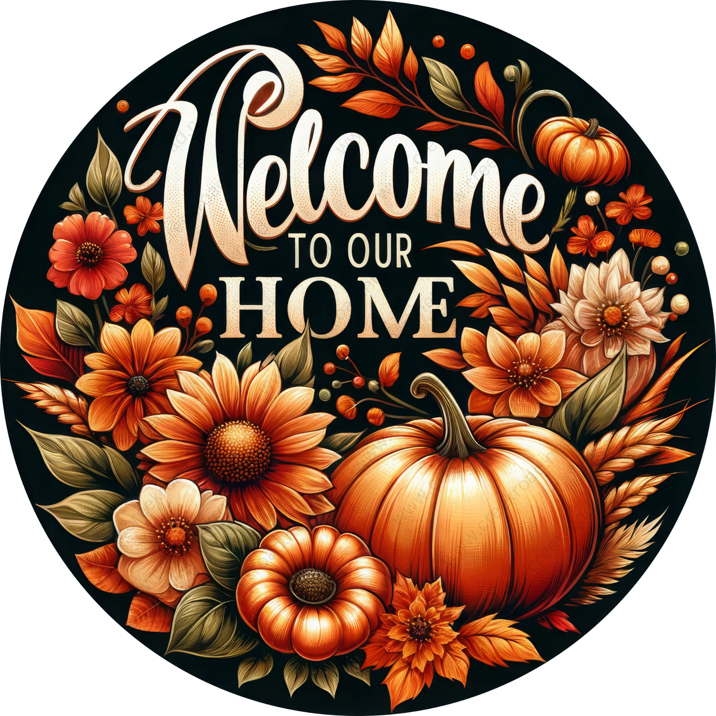 a welcome sign with flowers and pumpkins