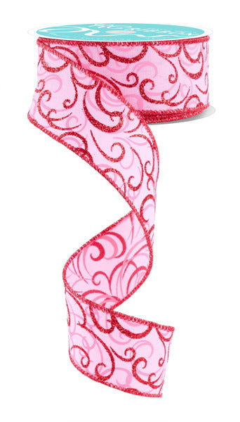 A pink and red floral patterned ribbon is shown, with the ribbon curving and looping around itself.