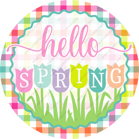 A colorful illustration featuring the text "Hello Spring" surrounded by stylized tulips and grass.