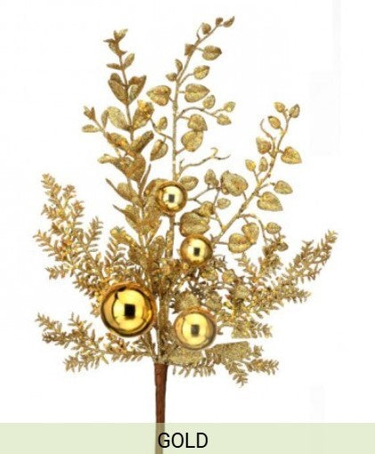 A gold-colored decorative branch with gold balls and leaves.