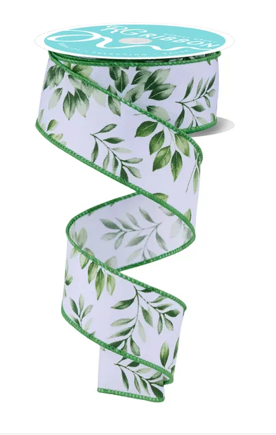 A white and green floral patterned ribbon is shown, with a green label on top.