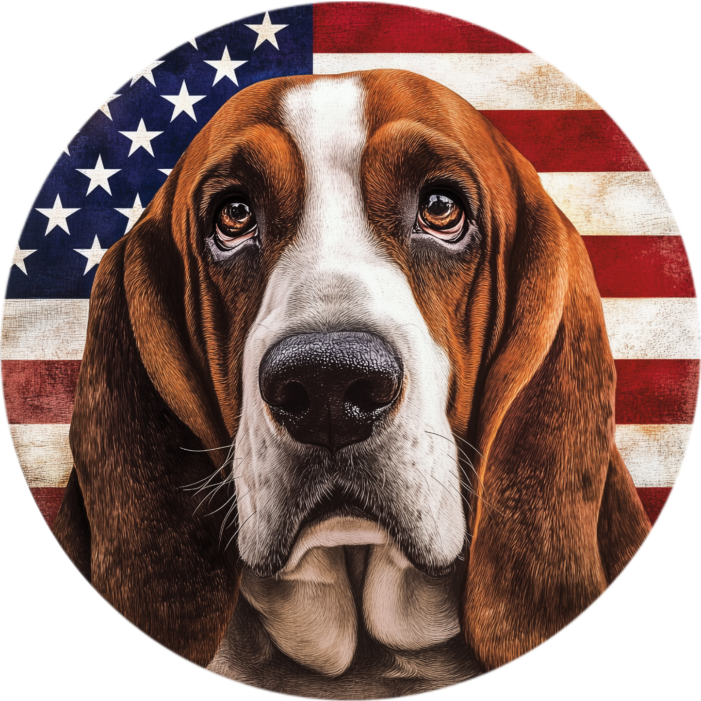 A close-up portrait of a Basset Hound dog with a patriotic American flag in the background.