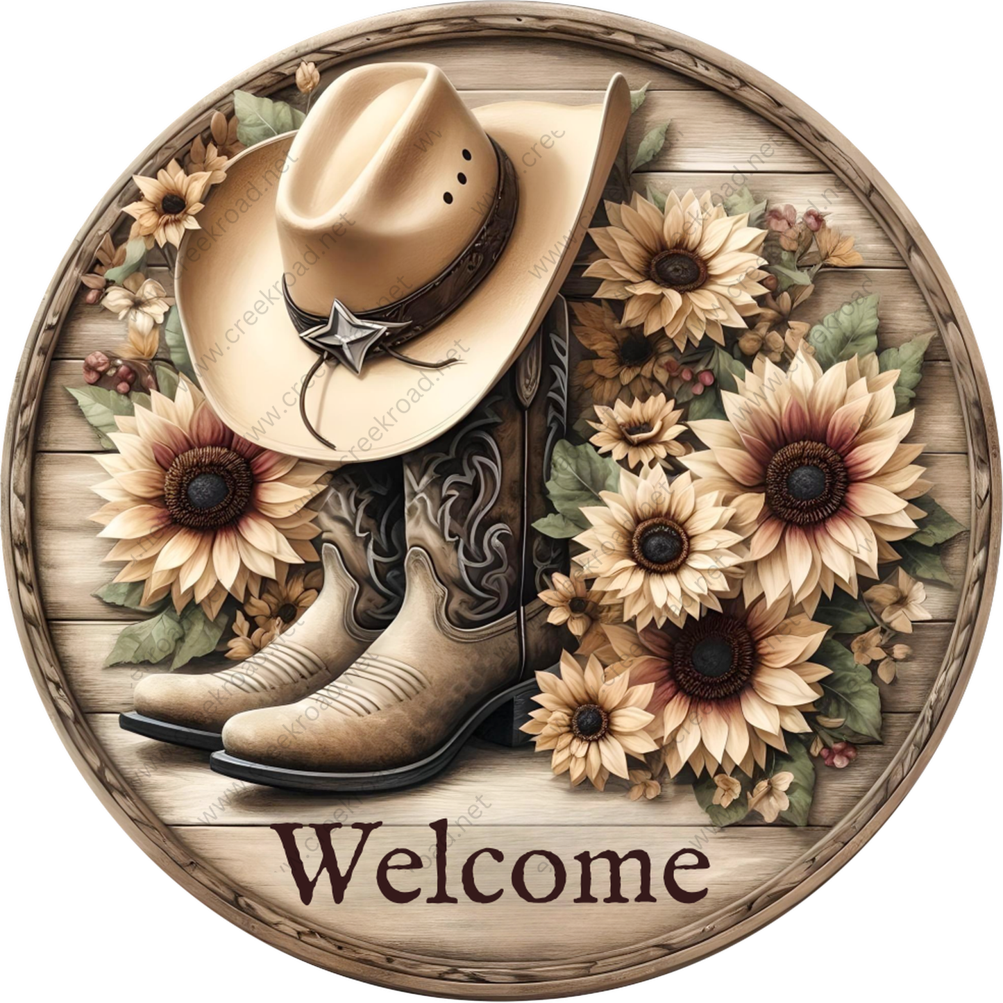 A wooden sign with a cowboy hat, boots, and sunflowers arranged around the word "Welcome".