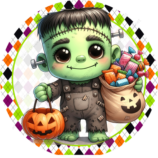 a cartoon character holding a bag of halloween treats