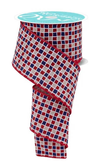 a red, white, and blue checkered pattern ribbon.