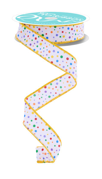 a spool of polka dot ribbon on a white background