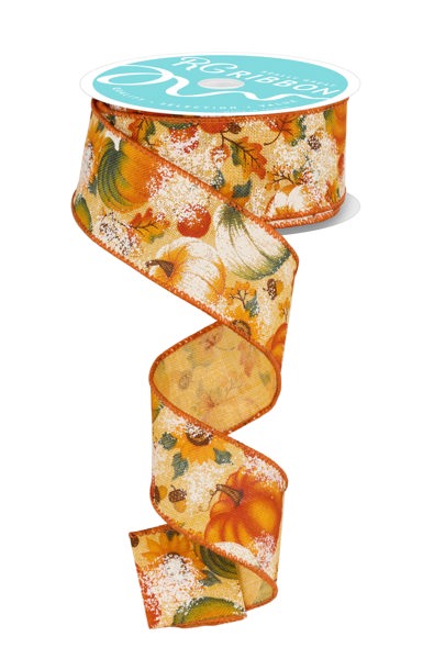 A spiral-shaped ribbon with a floral pattern in shades of orange, yellow, and white.