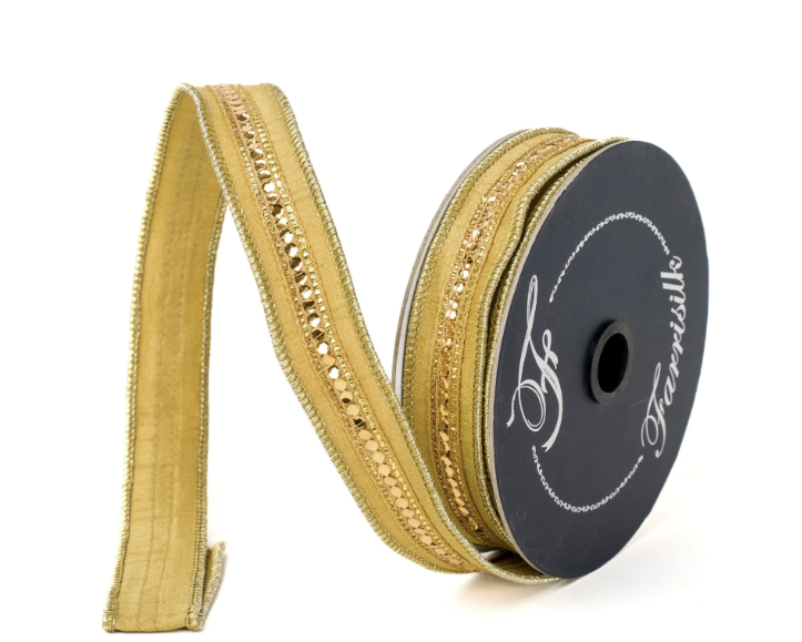 A gold-colored ribbon with a decorative pattern is shown against a white background.