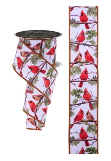 a pair of red cardinal ribbons with a repeating pattern of red birds perched on branches.