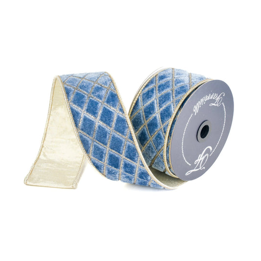 A roll of blue and gold diamond-patterned ribbon is shown against a white background.
