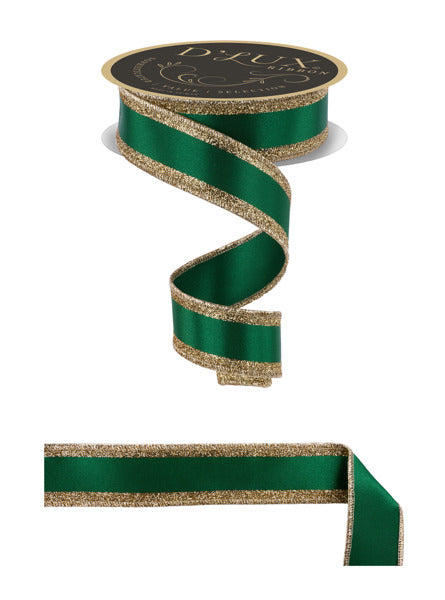 a green and gold ribbon with a gold border.