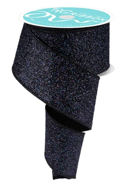 a roll of black glittery ribbon with a turquoise label.