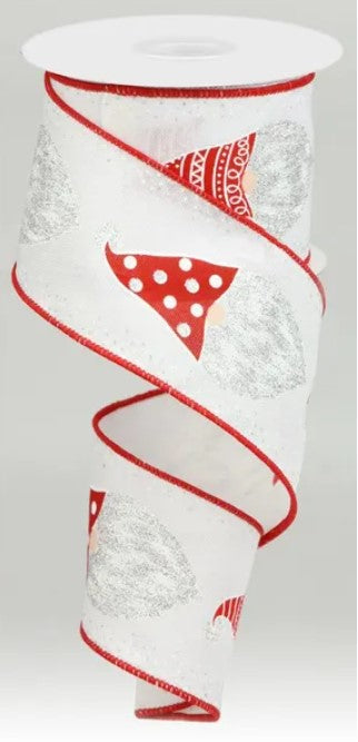 A white and red ribbon with a pattern of red and white polka dots and a small red gnome design.