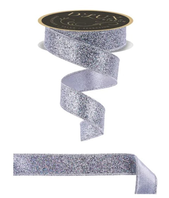 A silver glittery ribbon with a gold label, and a silver ribbon below it.