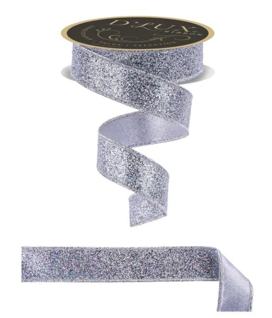 A silver glittery ribbon with a gold label, and a silver ribbon below it.
