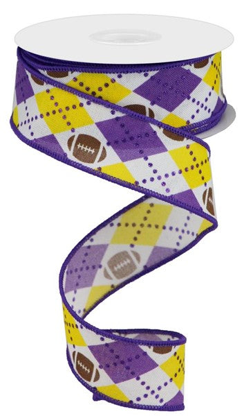 a purple and yellow ribbon with footballs on it