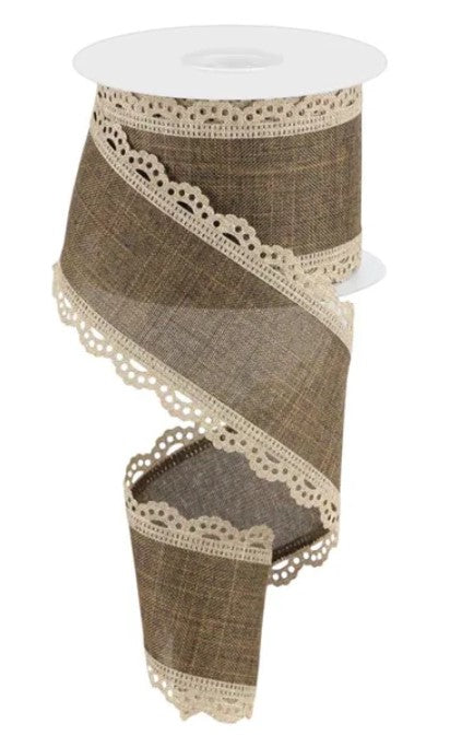A roll of burlap ribbon with a lace-like trim, featuring a combination of brown and beige colors.