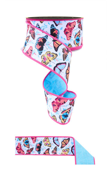 a ribbon with a butterfly pattern, including various colors and designs of butterflies.
