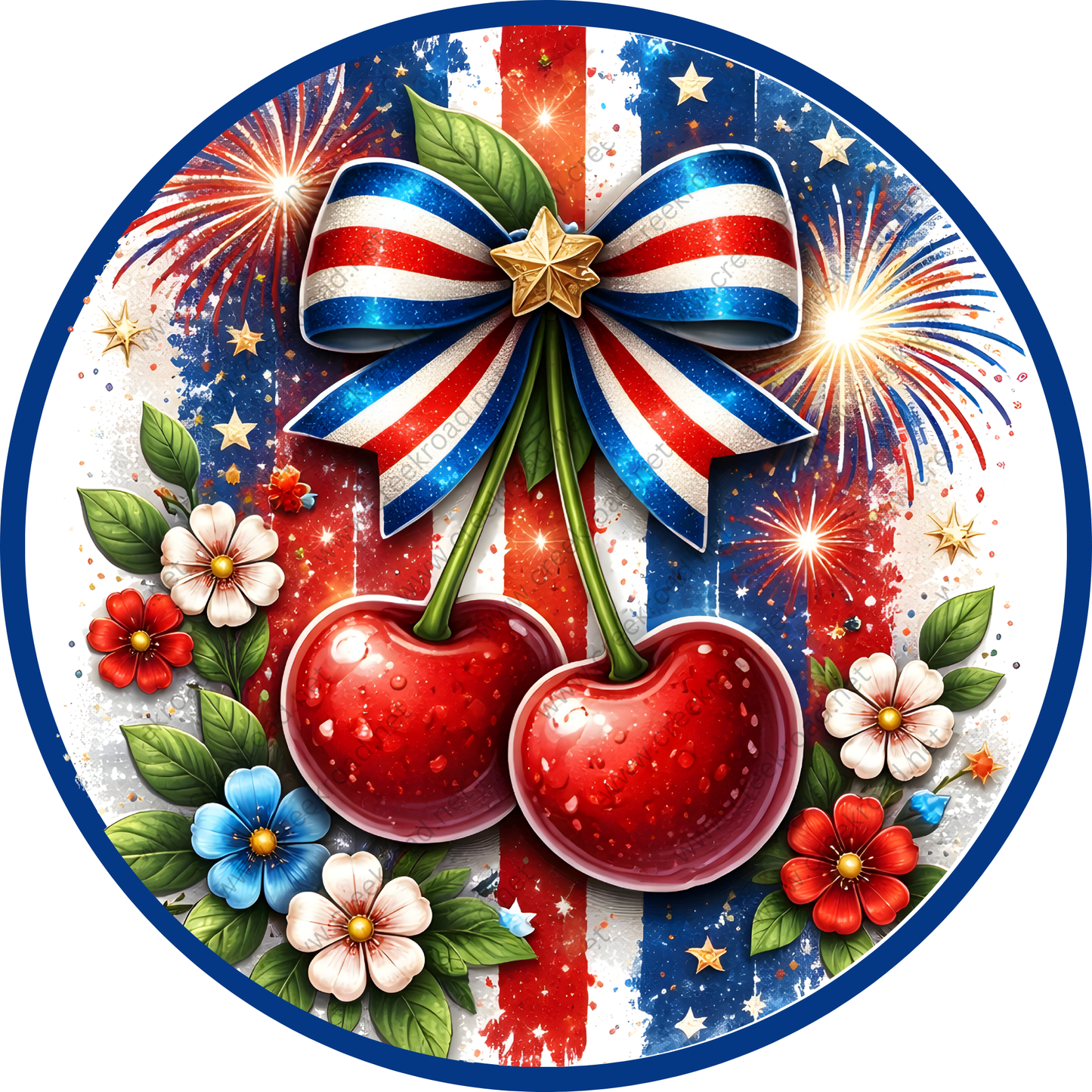 A vibrant and festive collage featuring a red, white, and blue ribbon, cherries, flowers, and fireworks against a backdrop of stars and stripes.