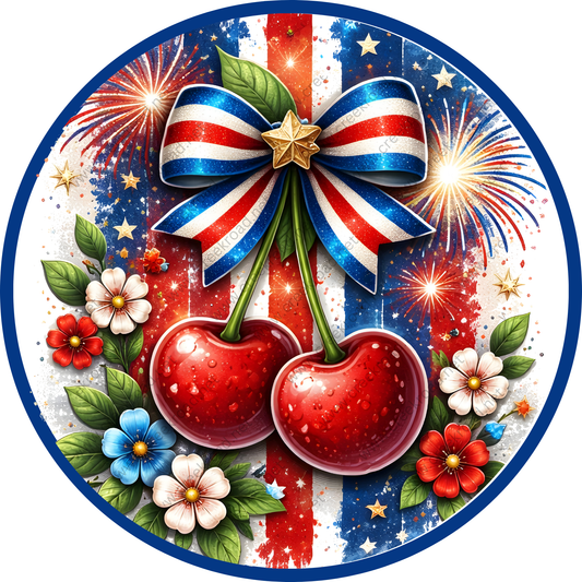 A vibrant and festive collage featuring a red, white, and blue ribbon, cherries, flowers, and fireworks against a backdrop of stars and stripes.