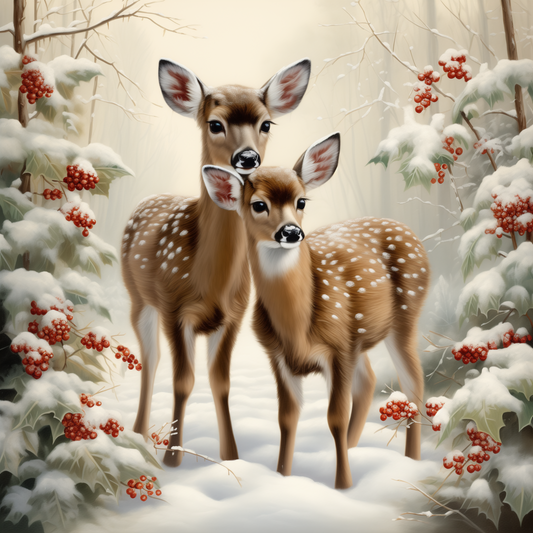 a couple of deer standing next to each other in a forest