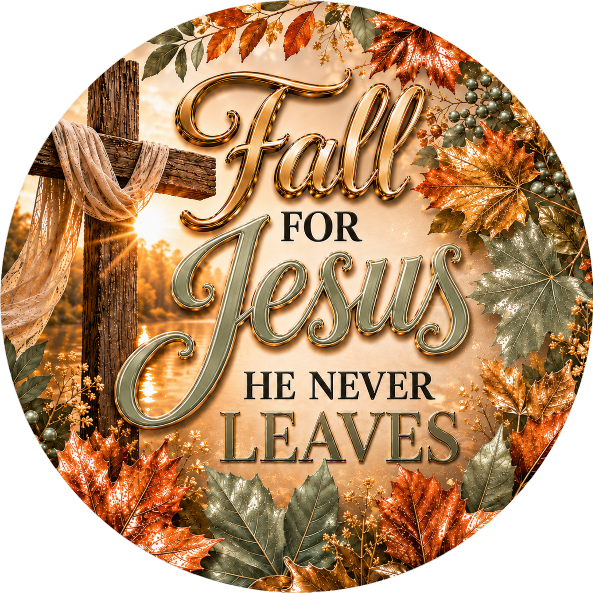 a cross surrounded by autumn leaves and a sunset, with the text "Fall for Jesus he never leaves" displayed prominently.