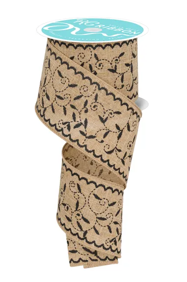 a burlap ribbon with a black floral pattern, which is a decorative item.