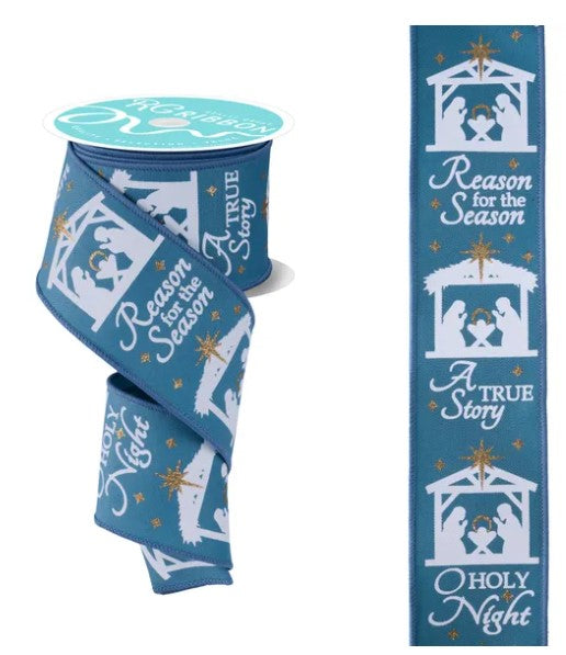a blue ribbon with a nativity scene design and the text "Reason for the Season" printed on it.