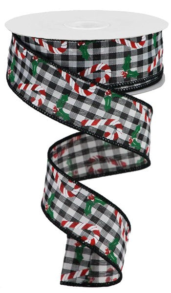 a black and white checkered ribbon with candy canes on it