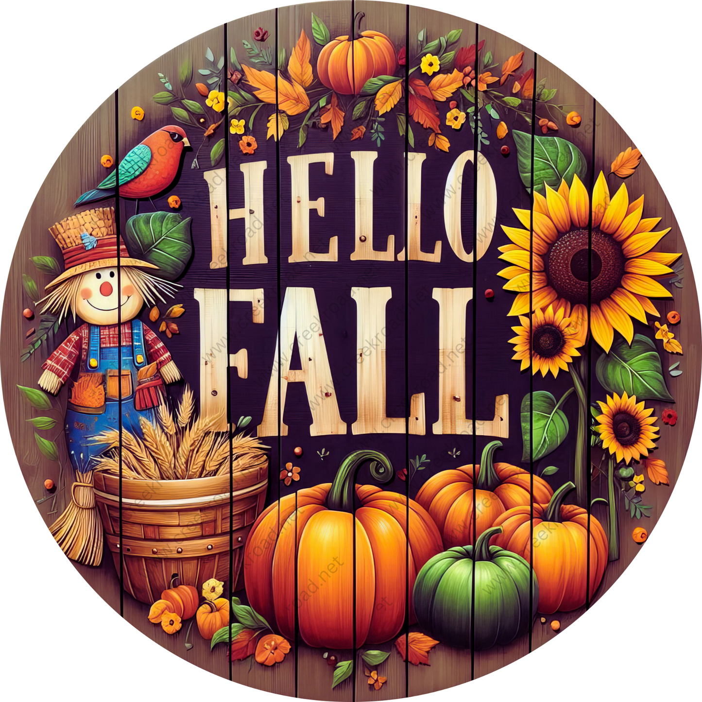 a wooden sign that says hello fall with pumpkins and sunflowers