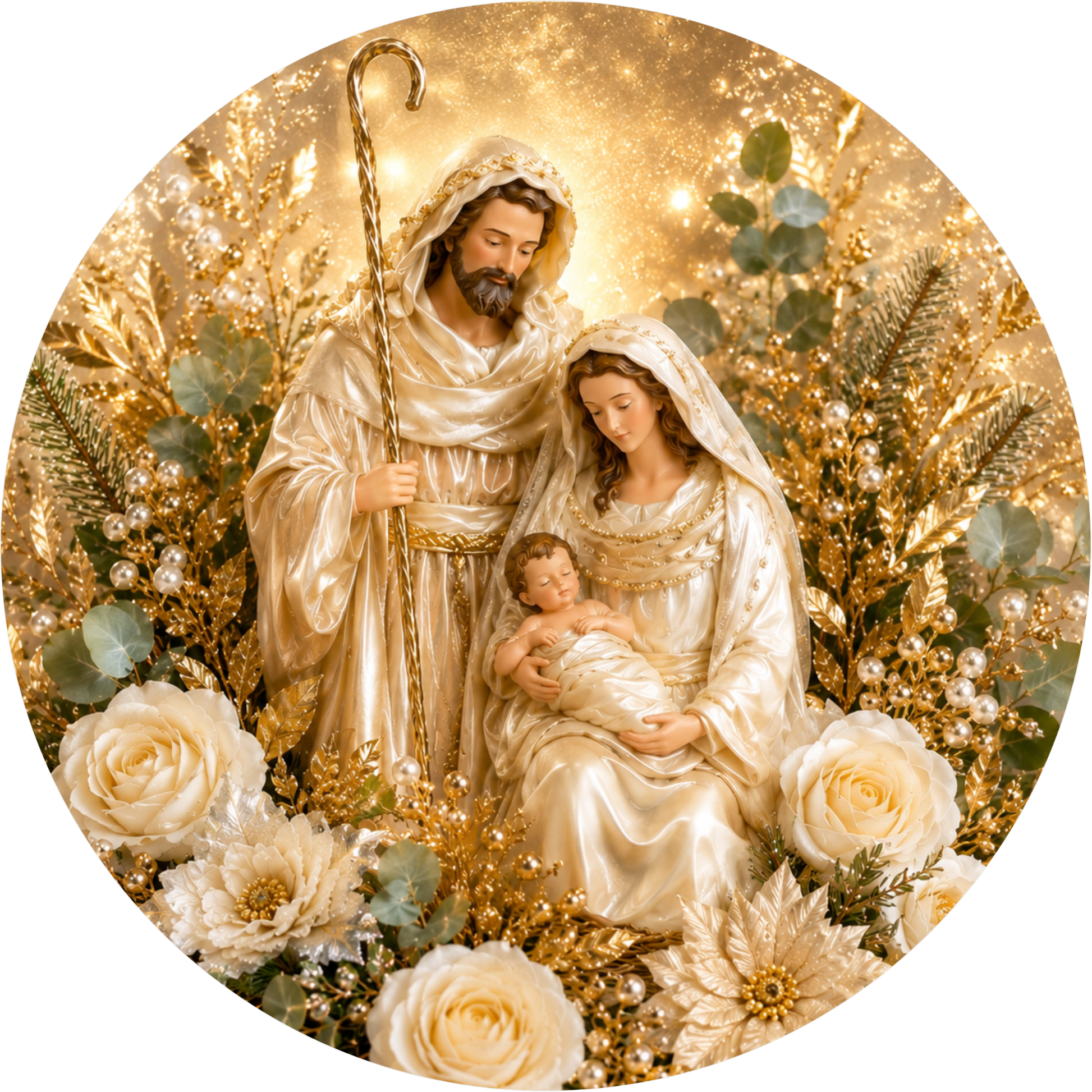 A statue of the Holy Family, with the parents and child, surrounded by a golden floral arrangement.