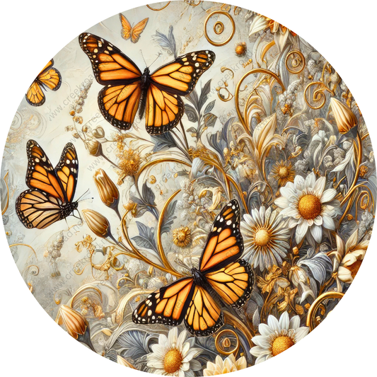 Orange Monarchs and White Daisies Sublimated Wreath Sign