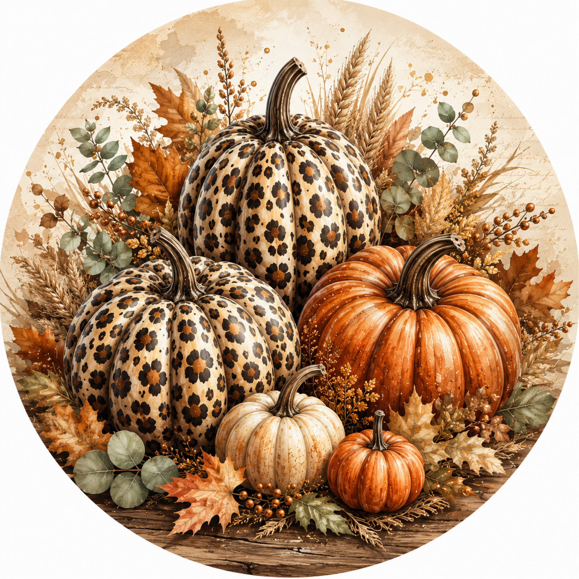 A circular arrangement of leopard print pumpkins, white pumpkins, and autumn leaves on a wooden surface.