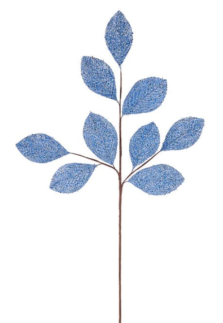 A single blue leaf-shaped ornament with a brown stem, arranged in a stylized manner against a white background.