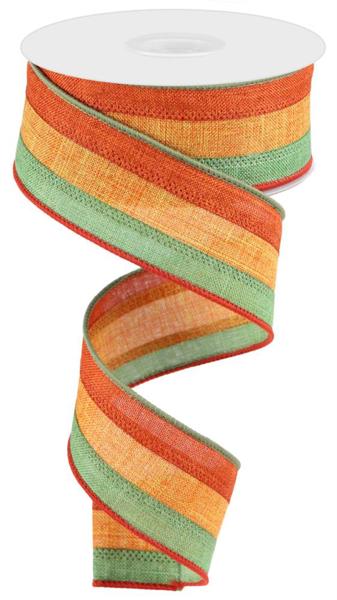 a roll of orange and green ribbon on a white background