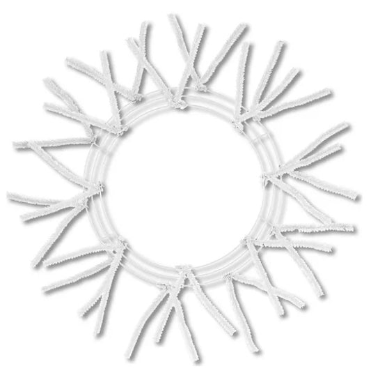 A circular arrangement of white, thin, and jagged lines or branches, creating a textured and abstract appearance.