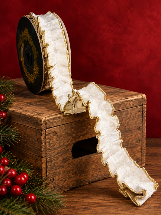 A spool of white and gold ribbon is placed on top of a wooden crate, surrounded by pine branches and red berries, creating a festive holiday scene.