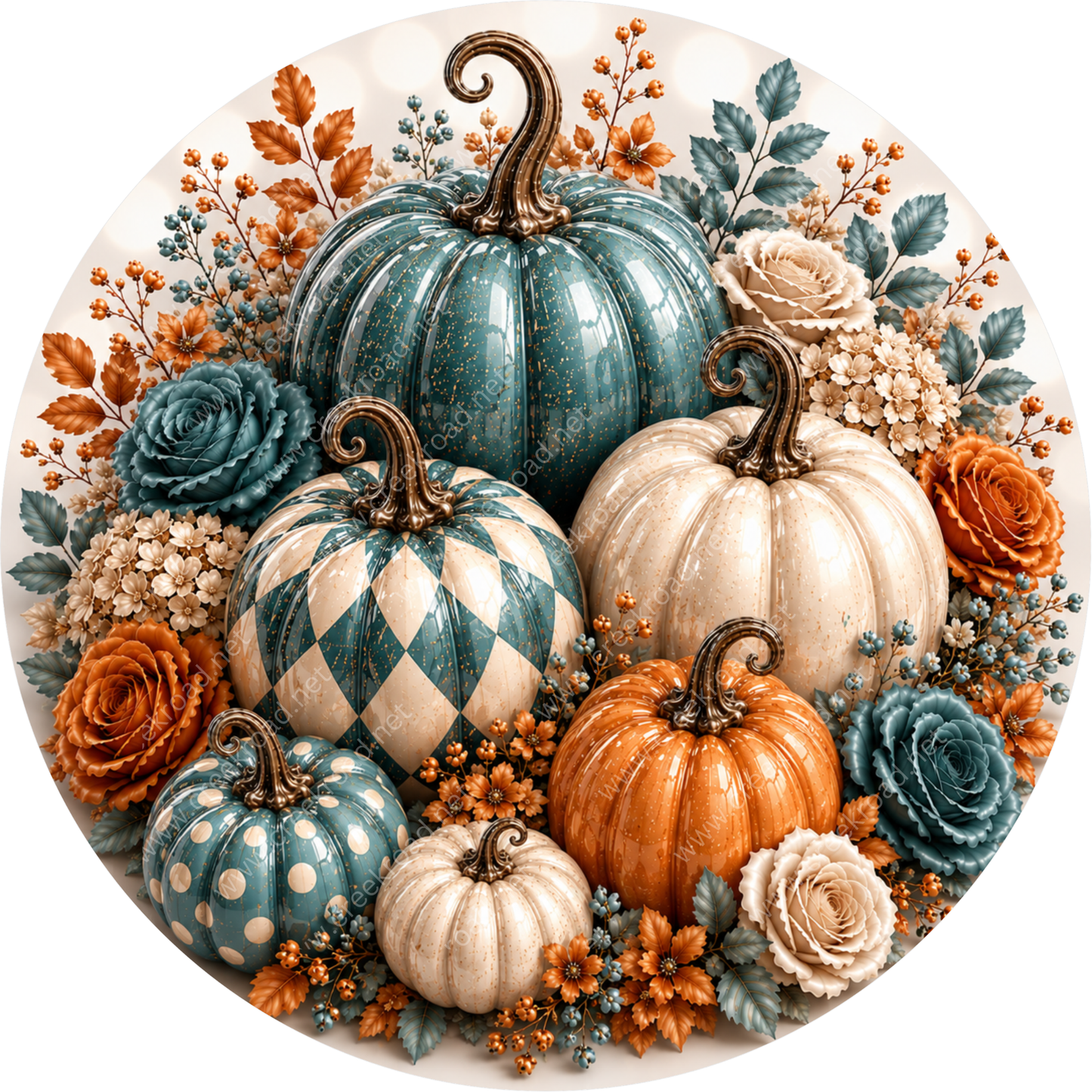 A circular arrangement of various fall-themed pumpkins and flowers, including blue, white, and orange pumpkins, surrounded by orange and white flowers.