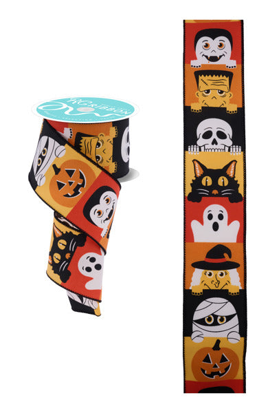 a Halloween-themed ribbon with various spooky and festive characters such as a ghost, skeleton, witch, cat, pumpkin, and jack-o-lantern.
