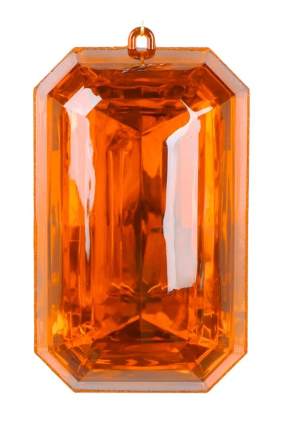 a large, bright orange gemstone with a clear, reflective surface.