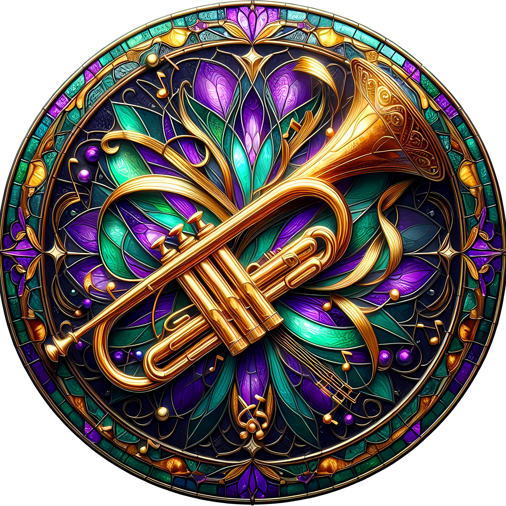 a golden trumpet sitting inside of a stained glass window